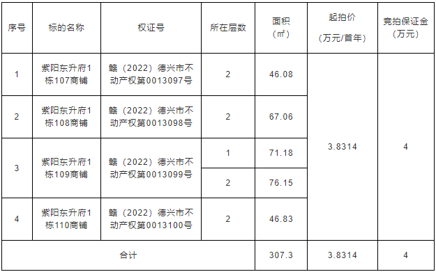 德興市紫陽東升府1棟107、108、109、110的二層及109的一層共5間商鋪整體招租（5年） 拍賣公告